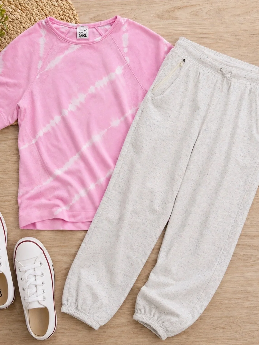 Athleta Girl Outfit Bundle Size L/12 Pink Tie Dye Tee + Confetti Speckle Joggers
